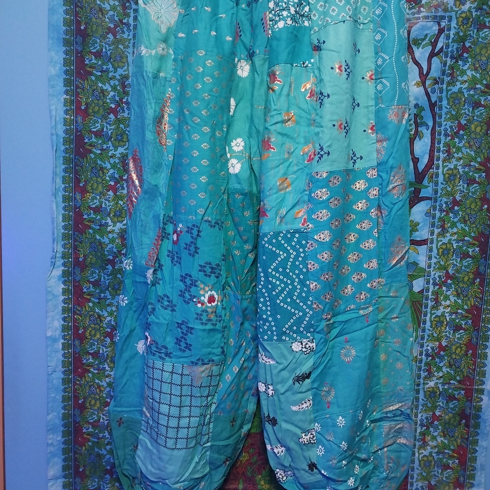 Turquoise blue rayon sari patchwork pants
